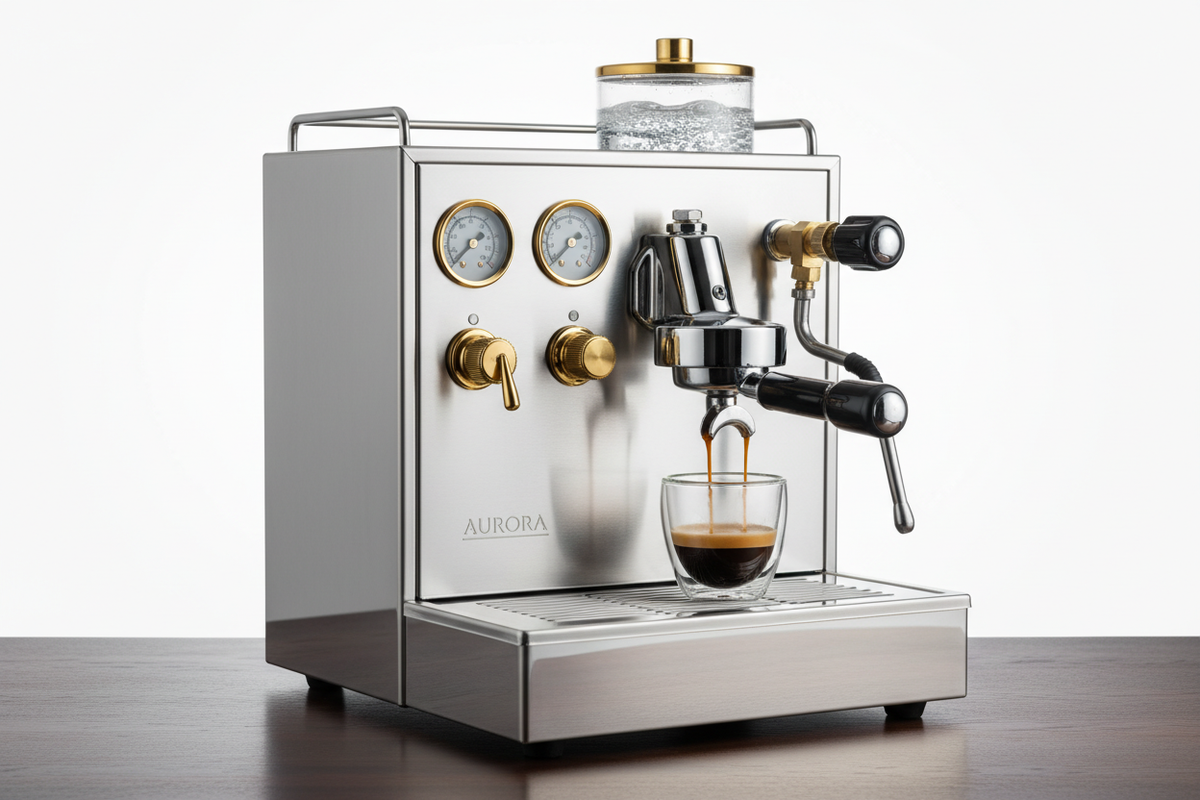 A café-grade espresso platform crafted for gourmet kitchens. Brass dials, polished steel, and high-pressure extraction create barista-level results with unprecedented elegance. Perfect for coffee connoisseurs and luxury breakfast rituals.