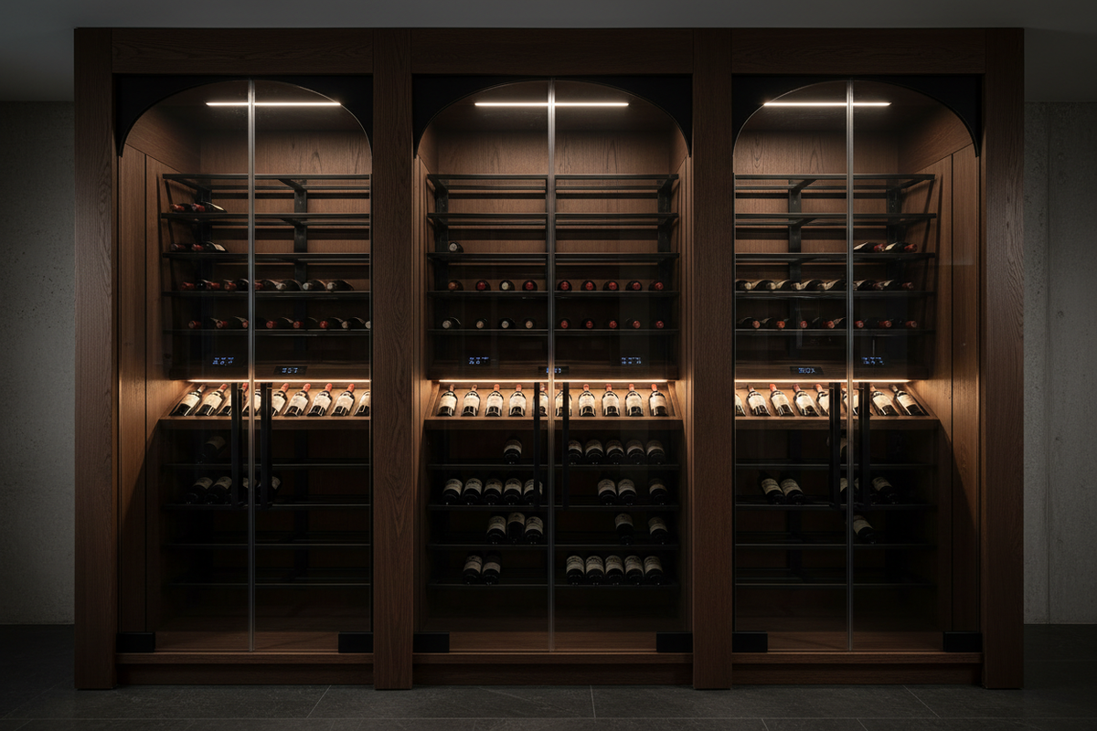 A temperature-zoned wine chamber that blends sommelier-grade climate control with architectural glass and dark oak finishes. Perfect for collectors, Obsidian ensures every bottle ages in perfect darkness, humidity, and temperature.