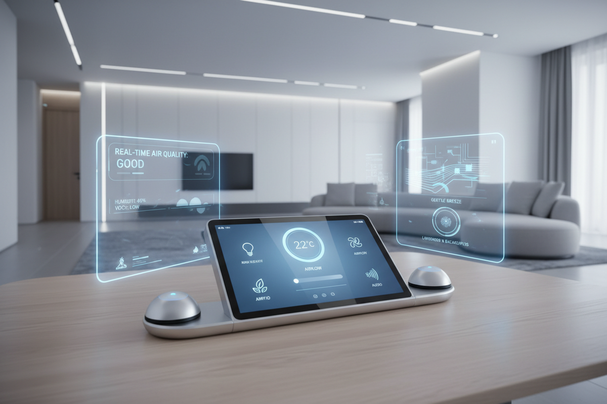 Aurelston's Smart Climate &amp; Voice Hub ecosystem centralizes lighting, temperature, airflow, scent, and audio into one seamless interface. Using advanced sensors and AI automation, the system adjusts the environment based on presence, time of day, and lifestyle preferences.