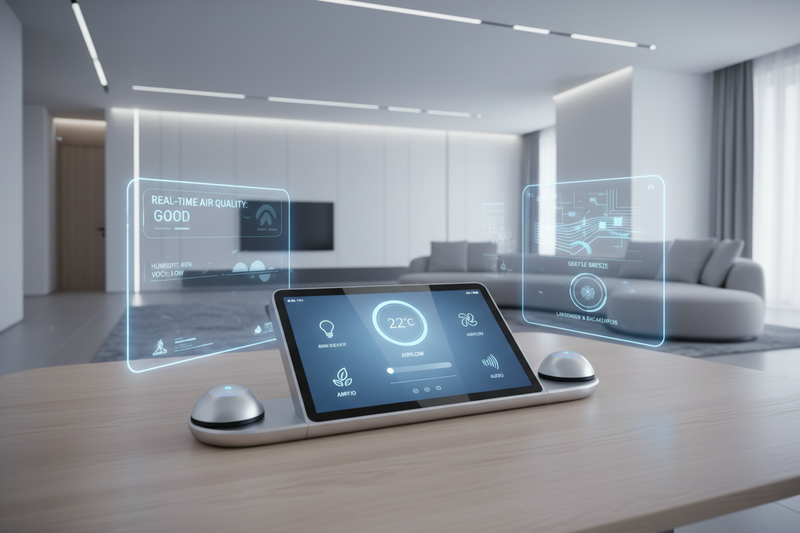 Aurelston's Smart Climate &amp; Voice Hub ecosystem centralizes lighting, temperature, airflow, scent, and audio into one seamless interface. Using advanced sensors and AI automation, the system adjusts the environment based on presence, time of day, and lifestyle preferences.