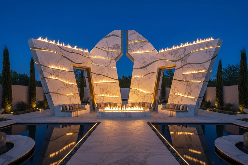 The Solis Fire Pavilion is a monumental outdoor fire sculpture carved from marble and accented with burnished brass. Flames dance through linear channels, creating a glowing trail of warmth and movement that anchors outdoor gatherings.